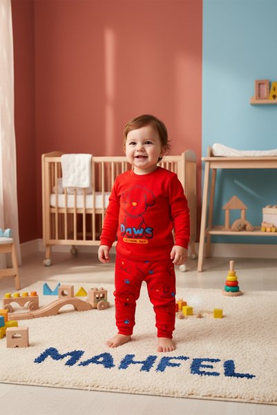 MAHFEL 100% Cotton Piece Paws Printed Baby&Child Pajama Set Red