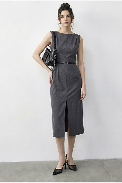 Bianco Lucci Women's Boat Neck Belt Pack Front Slit Detailed Midi Pencil Dres...