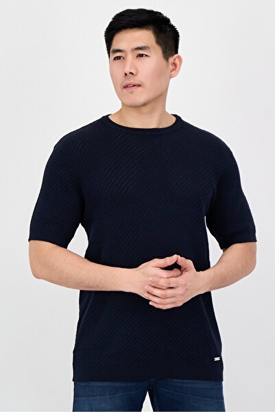 Threadbare Men Crew Neck Short Sleeve Knitted T-Shirt, Navy