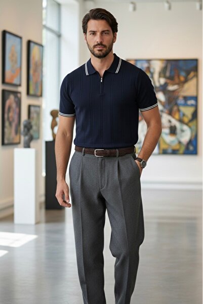 Maccali Muška trend Prugasto premium mornarsko plava polo majica