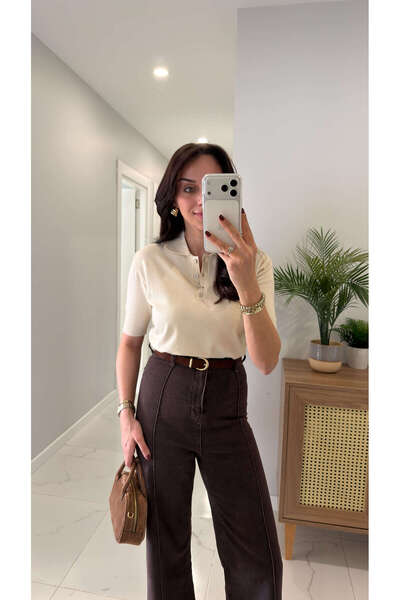 BİRCANÇİL Md News Beige Polo Collar Short Sleeve Knitwear