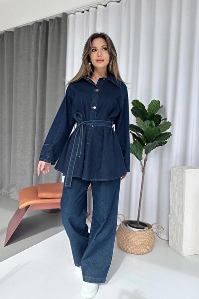 Mine Tan Butik Belt Detail Shirt Collar Denim Set - Navy Blue