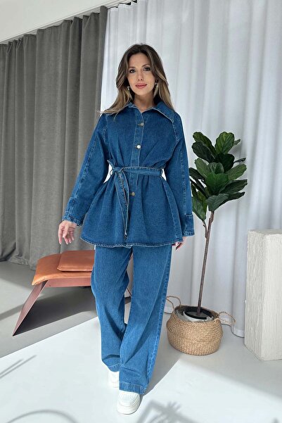 Mine Tan Butik Belt Detail Shirt Collar Denim Set - Blue