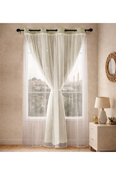 L&Wen Star Blackout Curtains with Sheer, Drapes Grommet Room Curtain (Beige (...