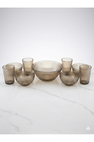 WDA Smoky Ribbed Glass Bowl & Tumbler Set – 9 Pieces (1 Large Serving Bowl, 4...