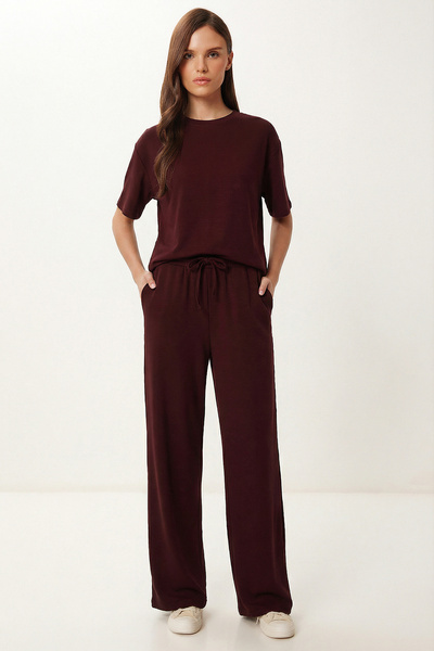 Lovelyİstanbul Comfortable Stretchy Modal Top and Bottom Set Lzv0056 Bordo