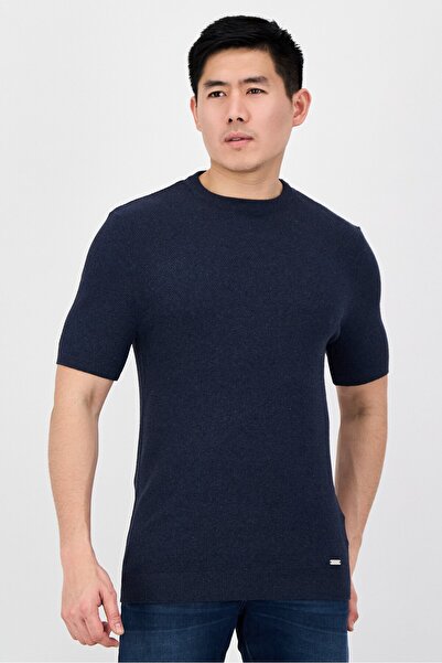 Threadbare Men Crew Neck Short Sleeve Knitted T-Shirt, Navy Blue