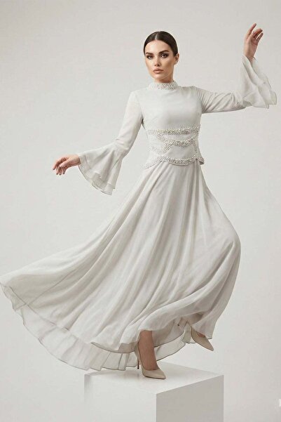 hakimoda فستان سهرة من إنسيسا أديانا وشيفون بلون الحجر