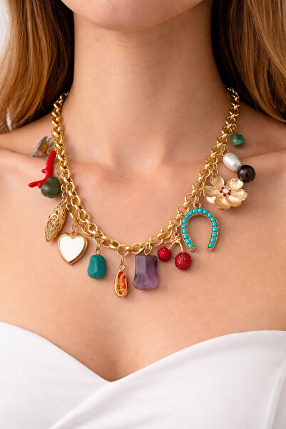 ABAGlobal Bohemian Gold Charm Necklace – Statement Design with Colorful Stone...