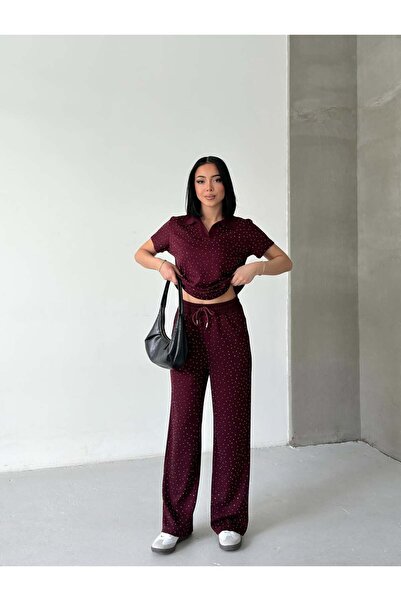 Tarzımızbir Μπλουζάκι με πέτρες, γιακάς πόλο, σετ φόρμας Μοντάλ υφάσματος