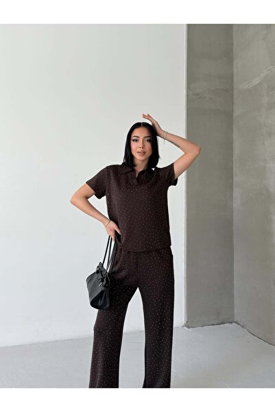 Tarzımızbir Μπλουζάκι με πέτρες, γιακάς πόλο, σετ φόρμας Μοντάλ υφάσματος