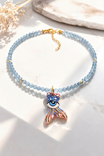 Cunda Doğal Taş Design Akuamarin Doğal Taş Kolye Deniz Kızı Kolye Uçlu (Aquam...