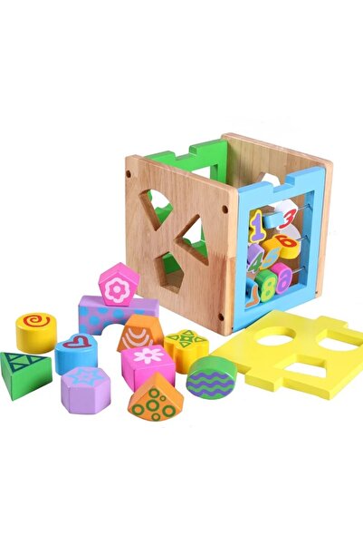 Montessori Cub sortator din lemn cu activitati 4in 1