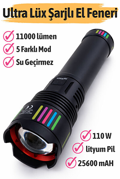 Badem10 Şarjlı Metal El Feneri 110W 25600mAh 11000 Lümen Profesyonel Güçlü Ay...