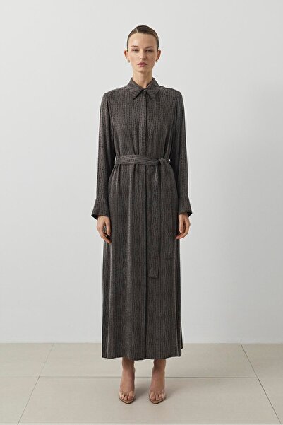 TERZİ DÜKKANI STARE DOKULU TAŞLANMIŞ İPEK ELBİSE KAHVE