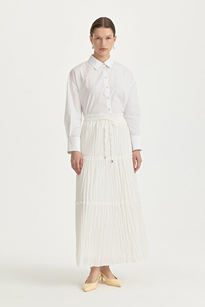 Nihan Beli Lastikli Fırfır Detaylı Pamuklu Etek Ekru