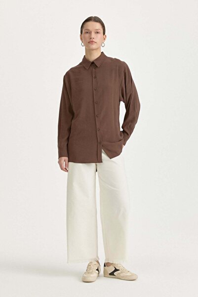 Nihan Modal Vintage Gömlek Yaka Basic Tunik Kahve