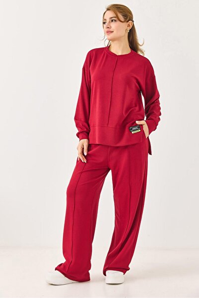 Raneel Kazançlı Alışveriş Women's Crew Neck Striped Oversized Tracksuit Set Red