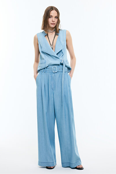 Roman Beli Kemerli Denim Palazzo Pantolon Mavi YY012055_036