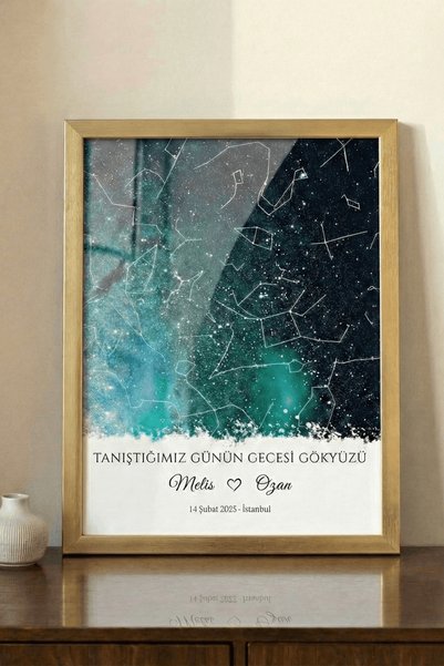 Pura Morena Kişiye Özel Yıldız Haritası Cam Tablo Minimalist Yeşil Duygusal Ö...