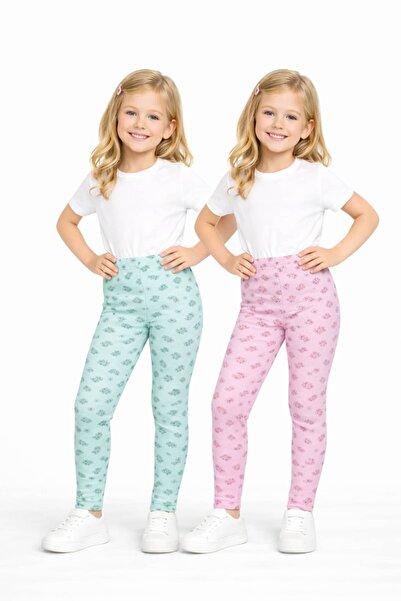 İncili Kız Çocuk Şardonlu Baskılı Tayt 2’li Set – Mint Yeşili & Pembe Yumuşak...
