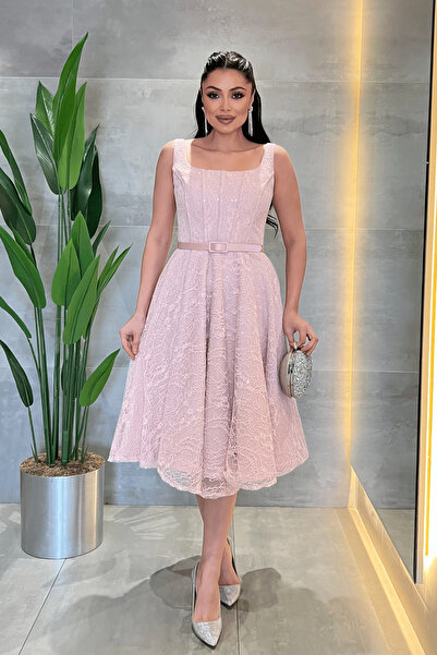 giyimmasalı Δαντέλα Φόρεμα μίντι με λεπτομέρεια από ύφασμα με παγιέτες - PUDRA