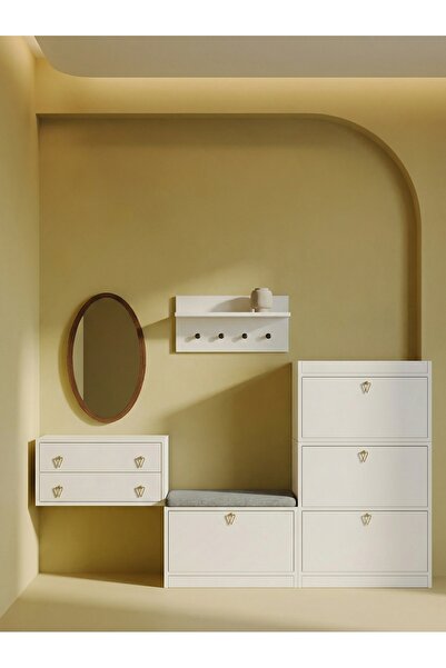 FOR WOMAN DESİGN Ahşap Portmanto 4 Kapak 2 Çekmeceli Raflı Modern Akıllı Depo...