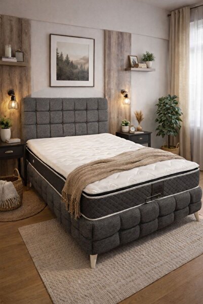 Canpolat Home Concept İstanbul Kareli Baza Başlık Seti-Keten Kumaş-(yatak dah...