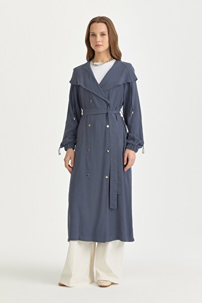 Nihan Yakası Büzgü Detaylı Kuşaklı Kruvaze Modal Kap İndigo