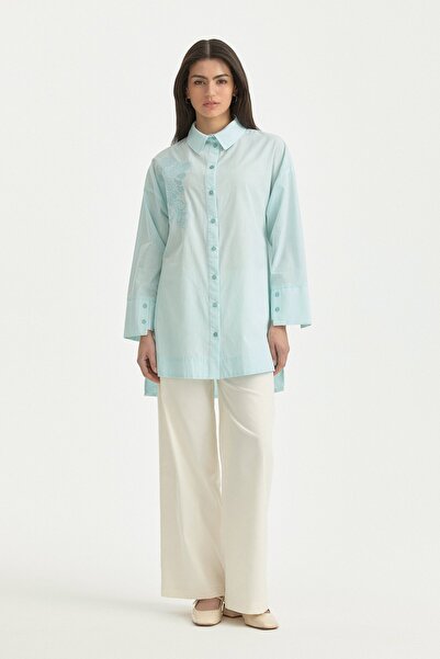 Nihan Nakış Detaylı Çizgili Pamuk Tunik Mint