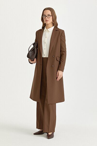 Nihan Kruvaze Kapama Uzun Blazer Poly. Viskon Basic Ceket Kahve