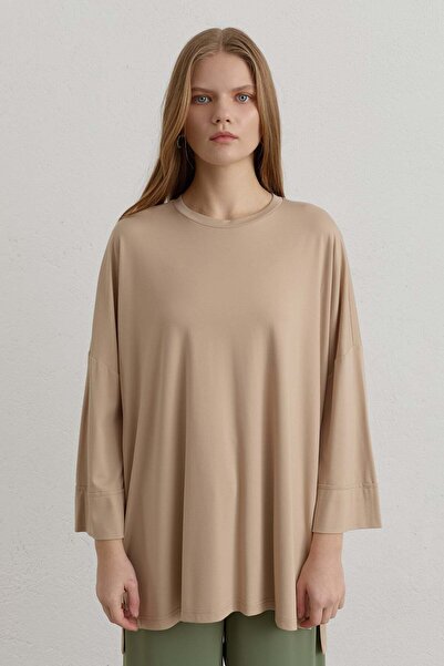 Nihan Yanları Yırtmaçlı Oversize Örme Bluz Bej