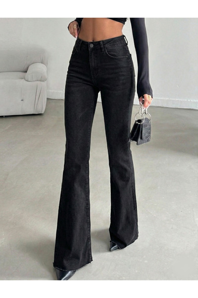 KENE JEANS بنطلون ليكرا أسود مُعالَج مسبقًا من نوع إسبان واسع الأرجل لون
