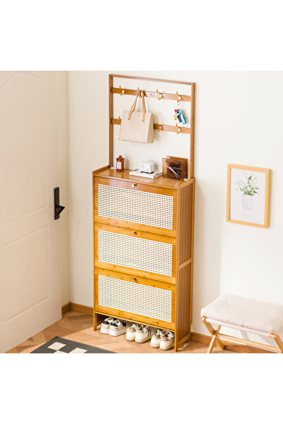 Zztcmp خزانة أحذية بأدراج منسوج من بامبو والقصب، خزانة تخزين للمدخل بارتفاع 1...