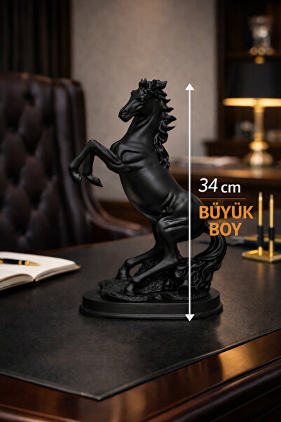 Home Şaha Kalkmış At Biblosu 34 cm Büyük Boy Tam Siyah Dekoratif Heykel