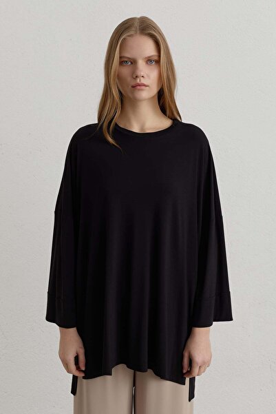 Nihan Yanları Yırtmaçlı Oversize Örme Bluz Siyah