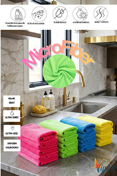 VİPEX Mikrofiber Ultra Temizlik Bezi Ultra Emiciliğe Sahip Güçlü Doku 240 GSM...