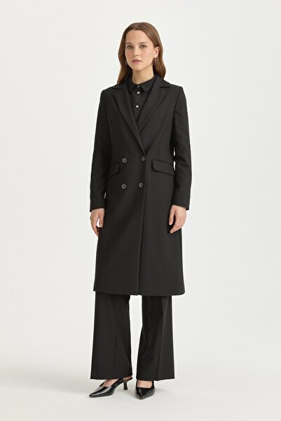 Nihan Kruvaze Kapama Uzun Blazer Poly. Viskon Basic Ceket Siyah