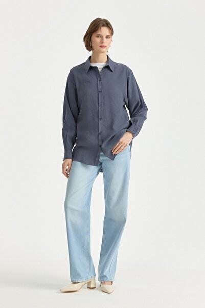 Nihan Modal Vintage Gömlek Yaka Basic Tunik İndigo