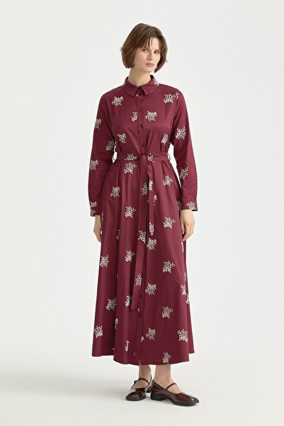 Nihan Nakış Detaylı Pamuk Gömlek Elbise Bordo