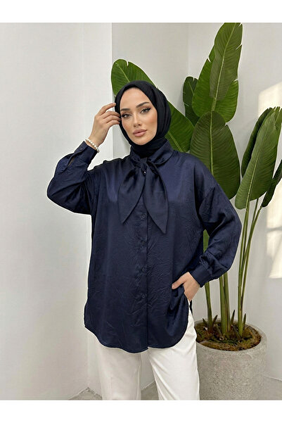 Foremia Collar Detail Satin Tunic-Navy Blue