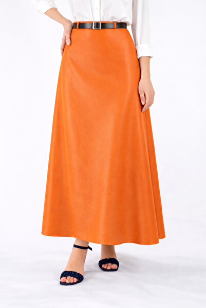 YAXİ Belt Detailed Maxi Size Loose Orange D Leather Skirt
