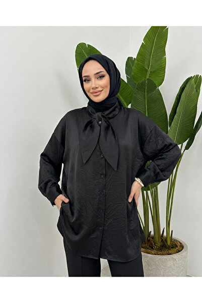 Foremia Collar Detail Satin Tunic-Black