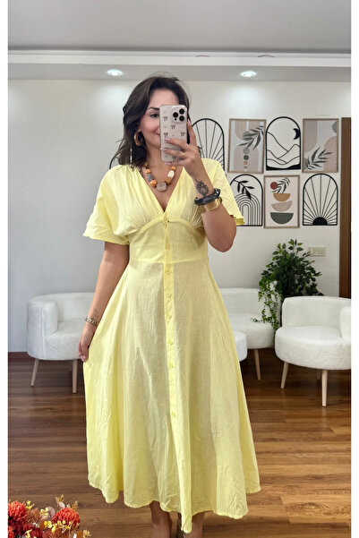 MEHTAP TURHAN KETEN KUMAŞ SARI ELBİSE