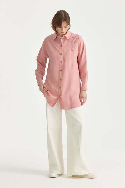 Nihan Kontrast Dikiş Detaylı Oversize Tencel Tunik Pudra