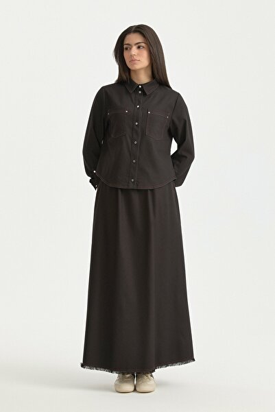 Nihan Dikiş Detaylı Kanvas Etek Gömlek Takım Siyah