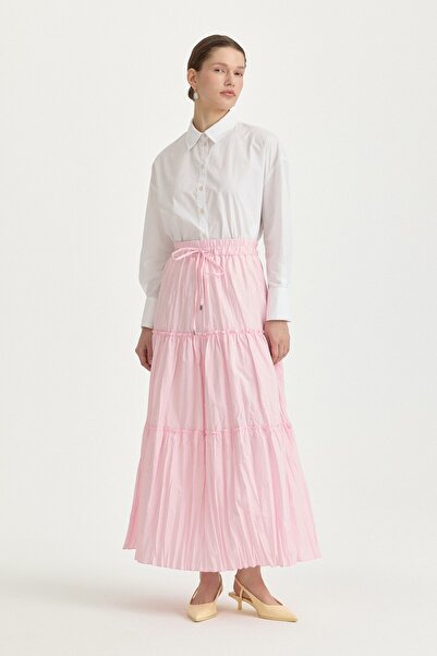 Nihan Beli Lastikli Fırfır Detaylı Pamuklu Etek Pembe