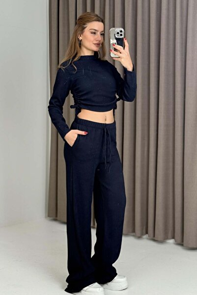 Raneel Kazançlı Alışveriş Women's Side Tie Detailed Aerobin Fabric Navy Blue Set