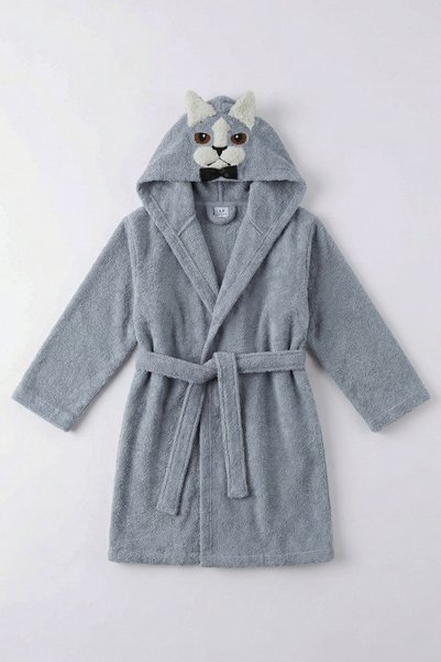 EAST&HIERA Boy's Bathrobe Hooded Cotton Pieces, with Cat Figure, Gray (1-14 Years)
