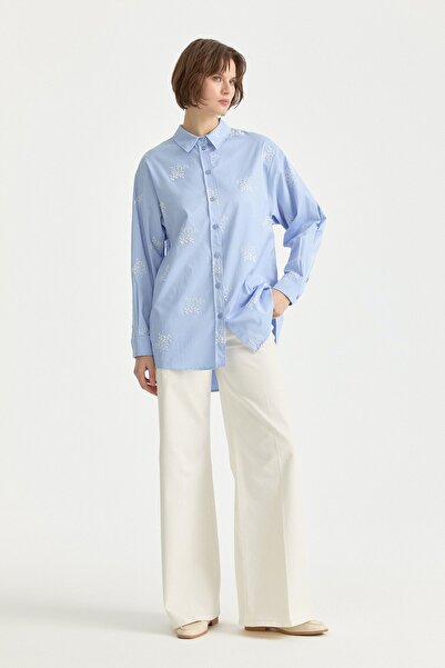 Nihan Nakışlı Gömlek Yaka Tunik Açık Mavi
